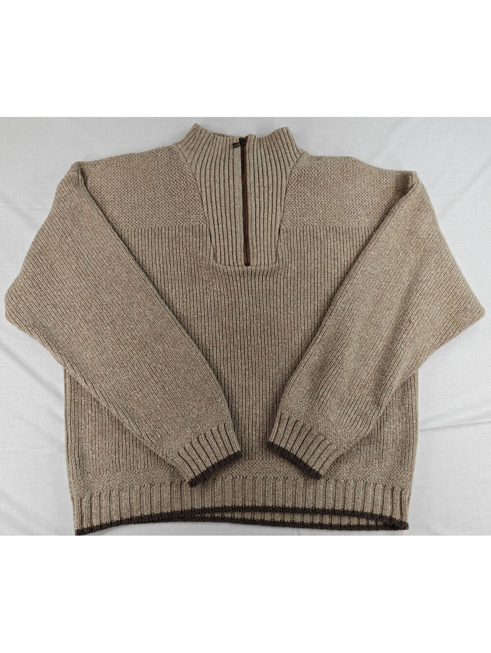 Eddie Bauer Men’s XL Beige Brown Heavy Knit 1/4 Zip Mock Neck Sweater